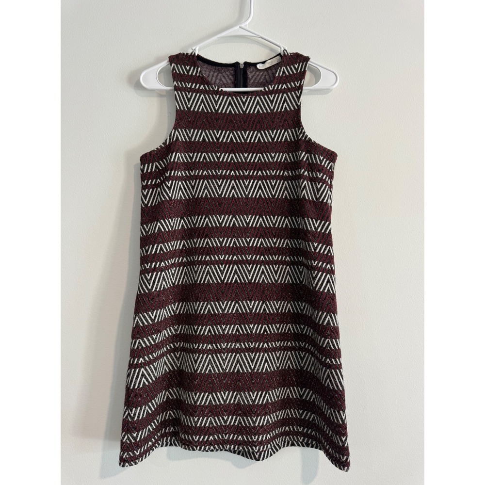 MNG Casual Chevron Shift Dress Womens Size 4‎ Burgundy Metallic Knit mango